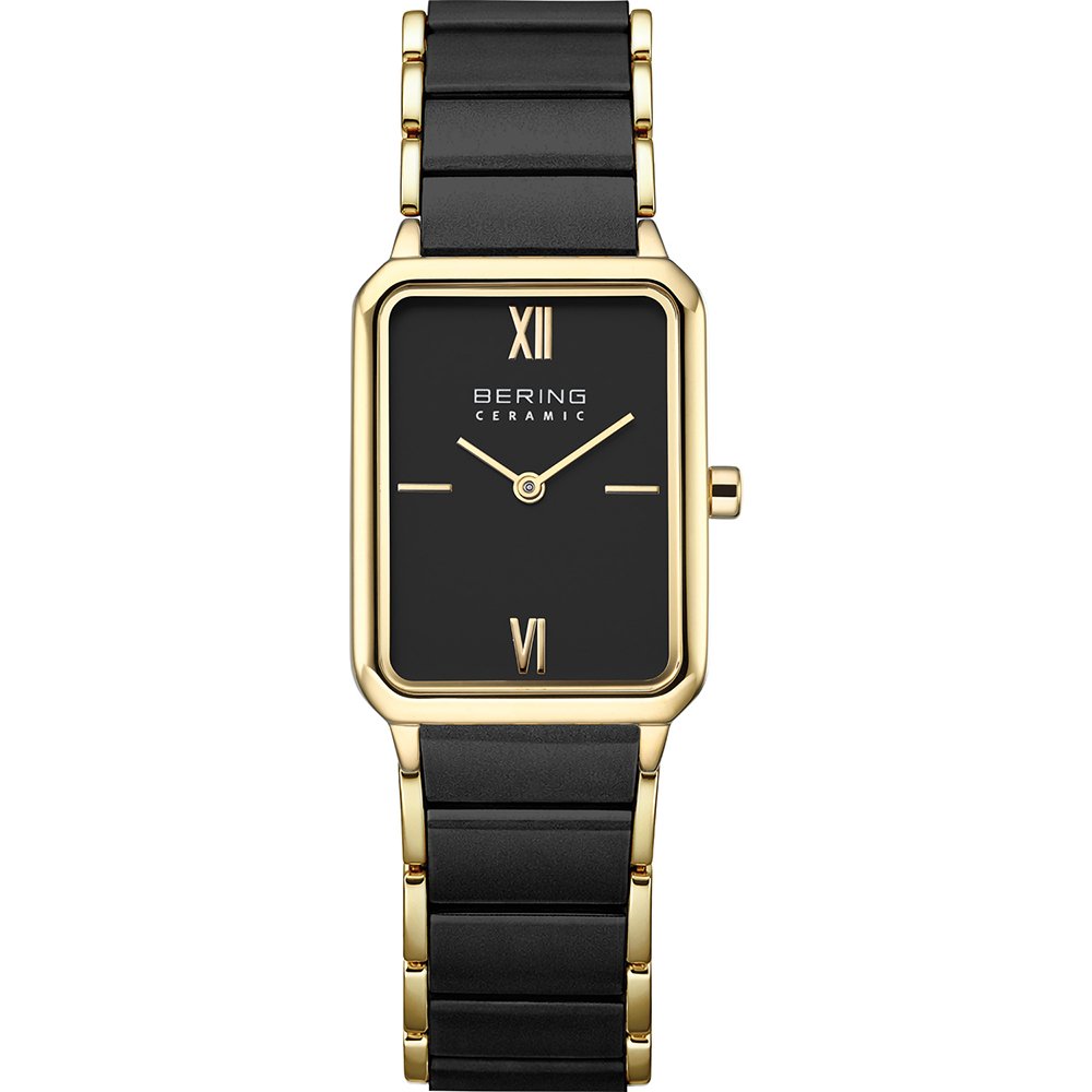 Damen-Armbanduhr von Bering mit schwarzem Keramikband und goldfarbenem Gehäuse, Saphirglas