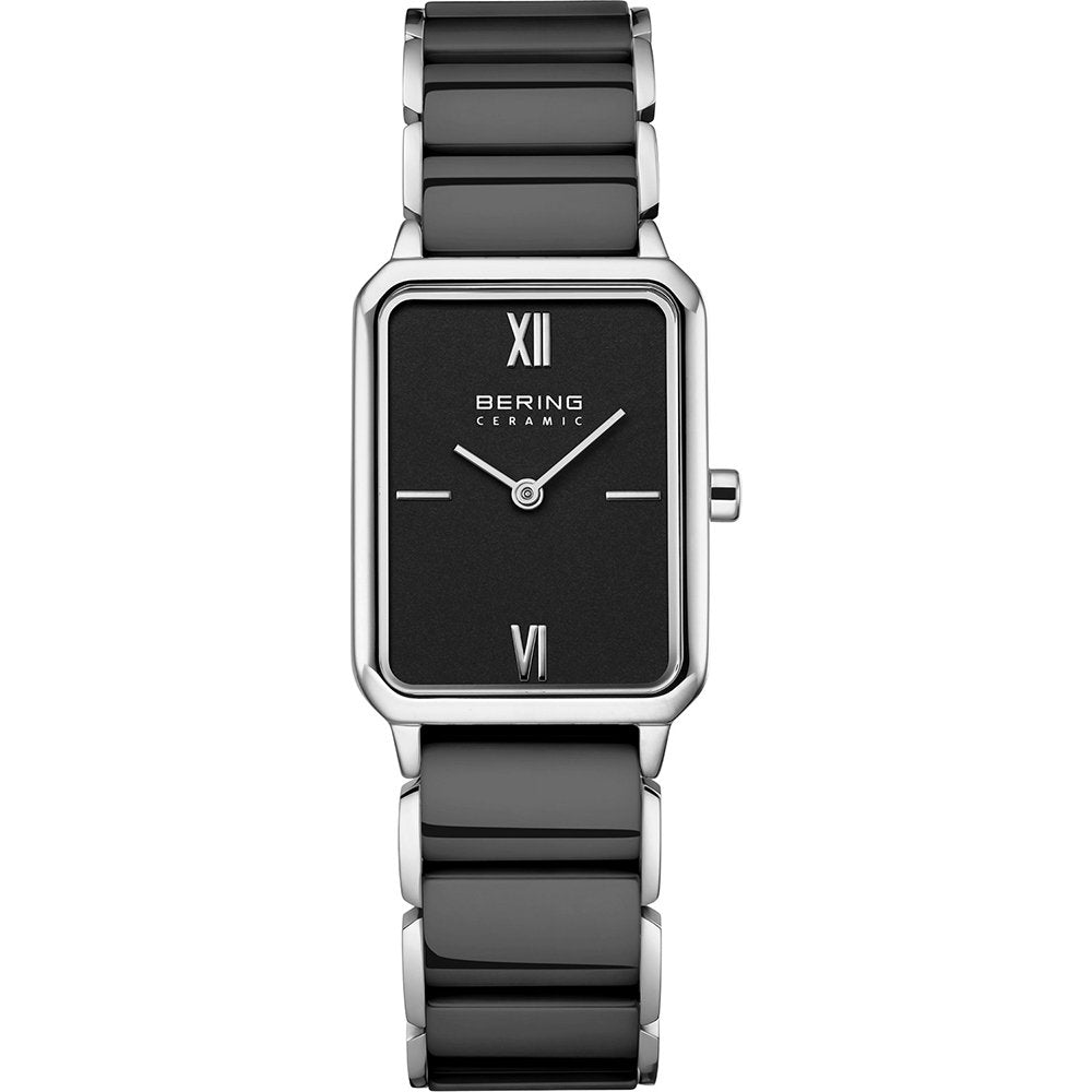 Damen-Armbanduhr mit schwarzem Keramikarmband und rechteckigem Zifferblatt, römischen Zahlen