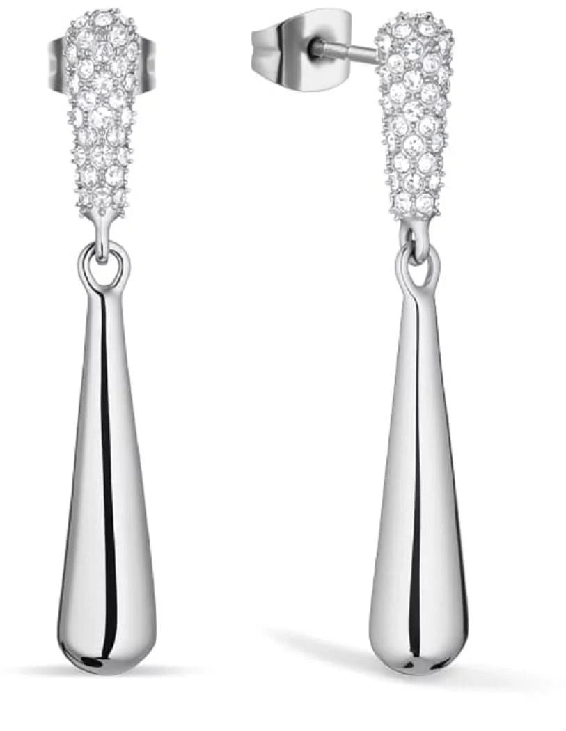 Silversmycken med pavé-zirkoner och droppformade element, rostfritt stål
