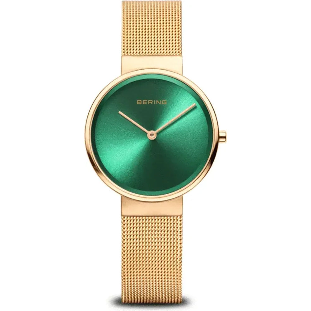 Bering Damenuhr mit grünem Zifferblatt und goldfarbenem Milanaise-Armband, rundes Gehäuse