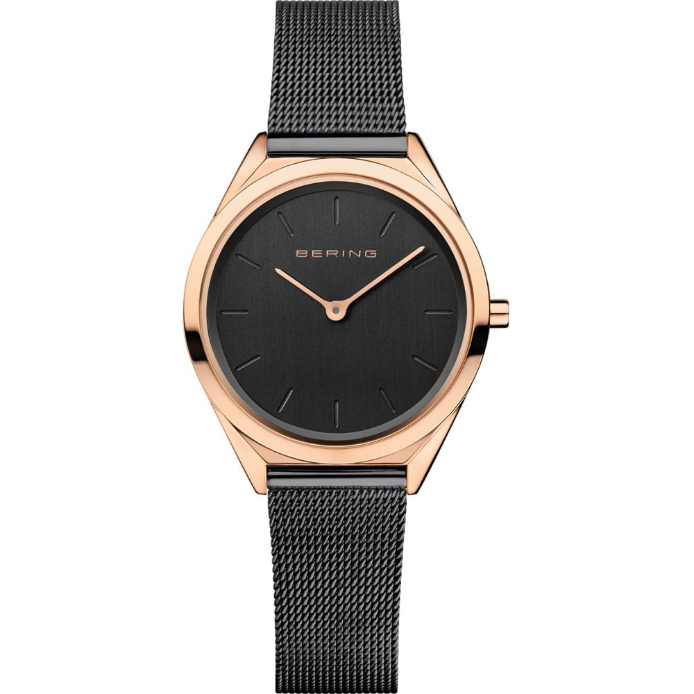 Bering Damenarmbanduhr, roségoldenes Gehäuse mit schwarzem Zifferblatt und Milanaiseband