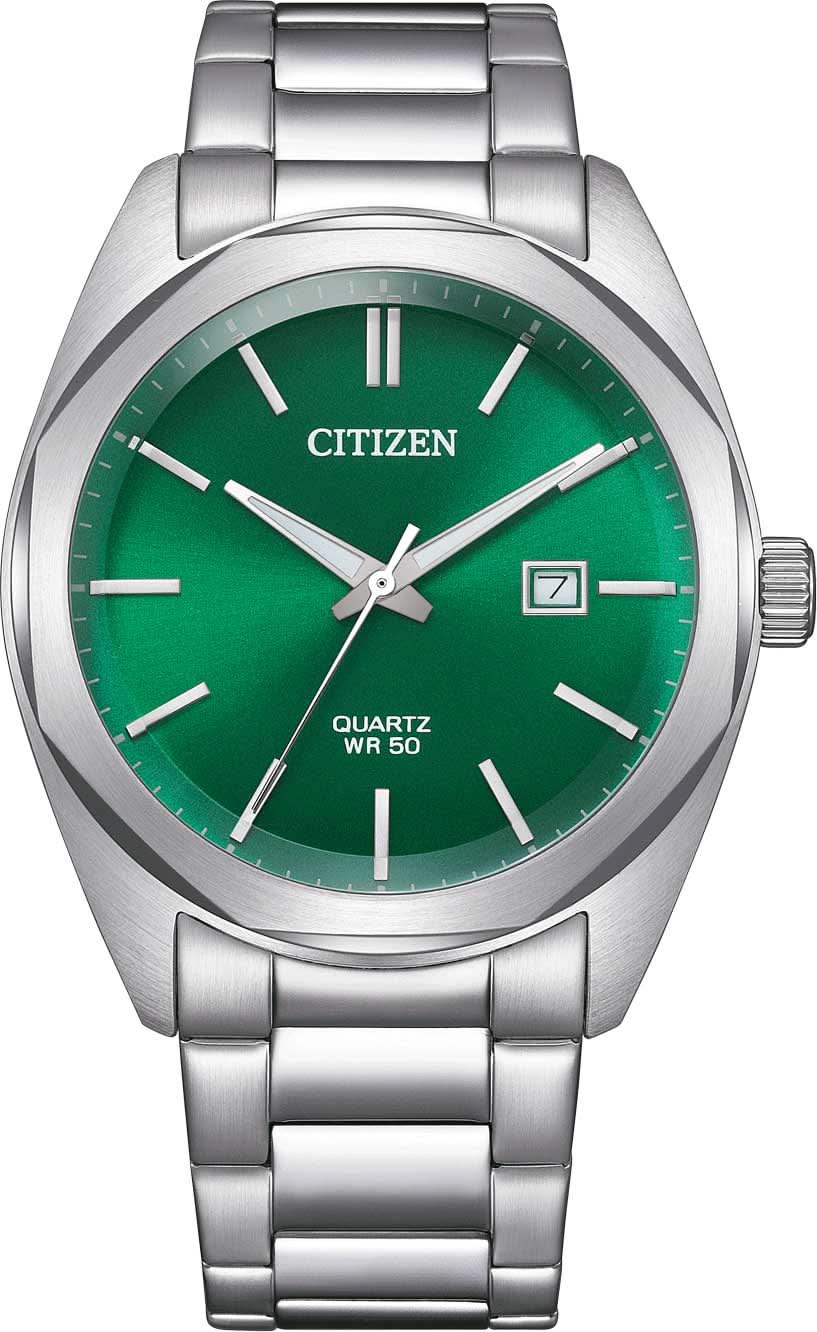 Herrklocka med grön urtavla, CITIZEN-logotyp, armband i rostfritt stål, visare och datumfönster