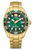 Guldpläterad herrklocka med grön urtavla, dykarring och metallarmband