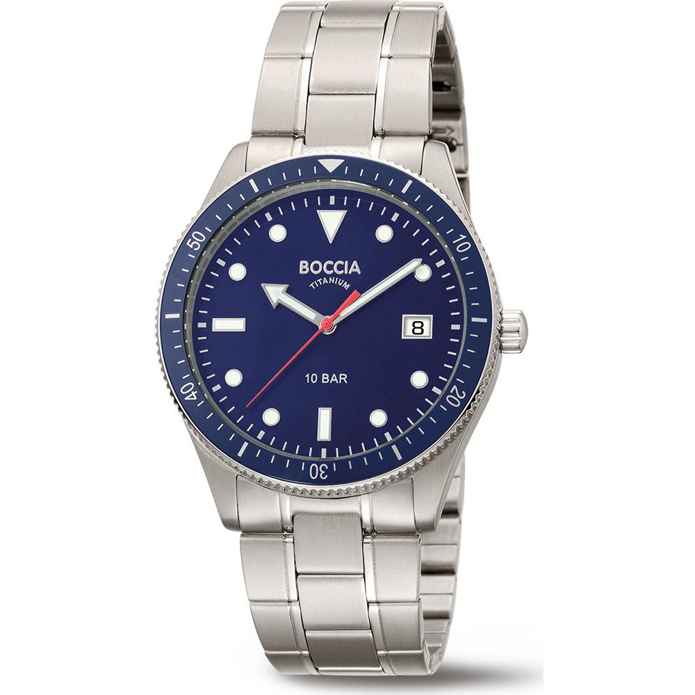 Boccia Herrenarmbanduhr mit blauem Zifferblatt, Titanarmband und Datumsanzeige