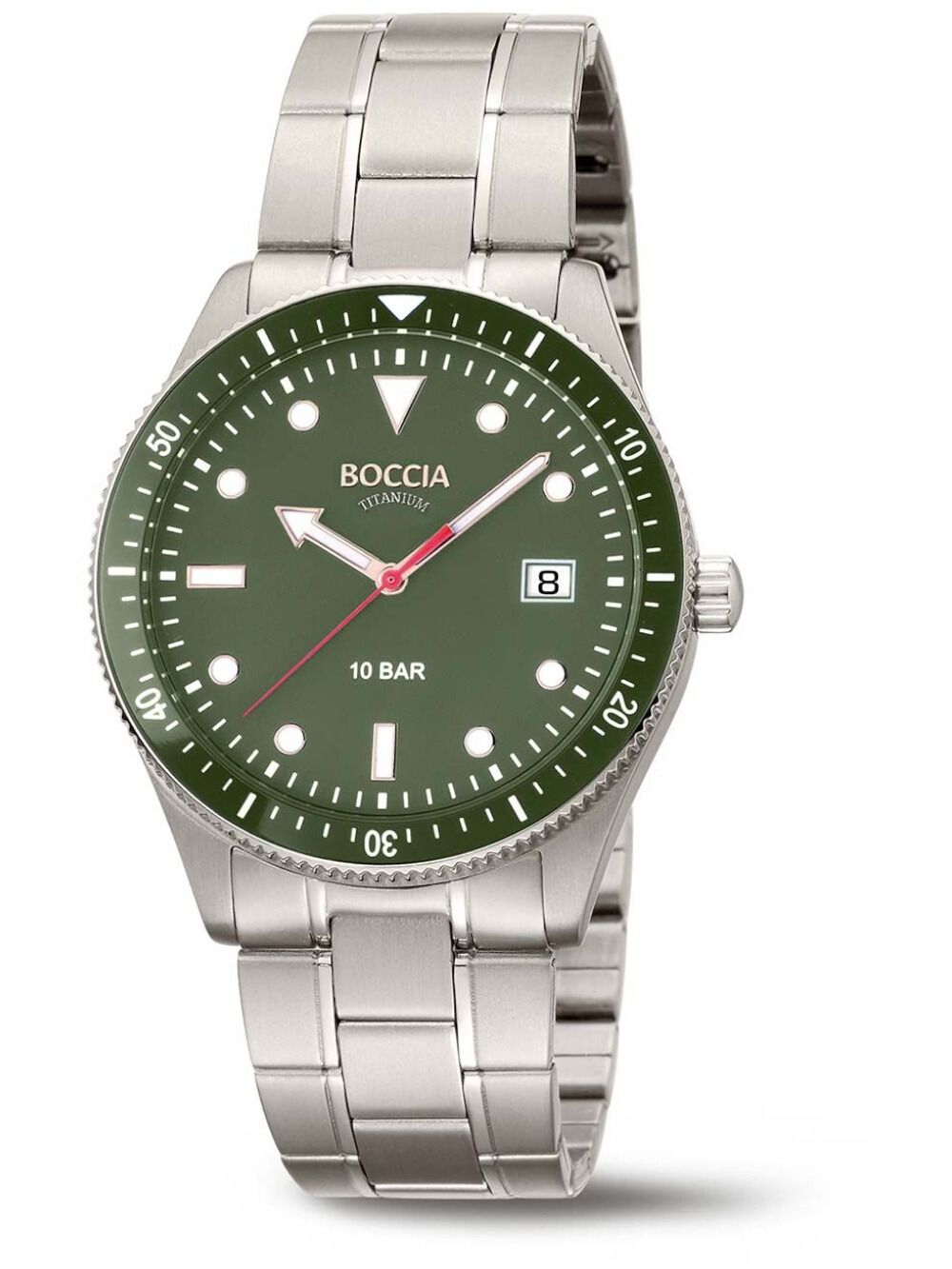 Boccia Titanium Herrenarmbanduhr mit grünem Zifferblatt, Taucher-Lünette und Titanband