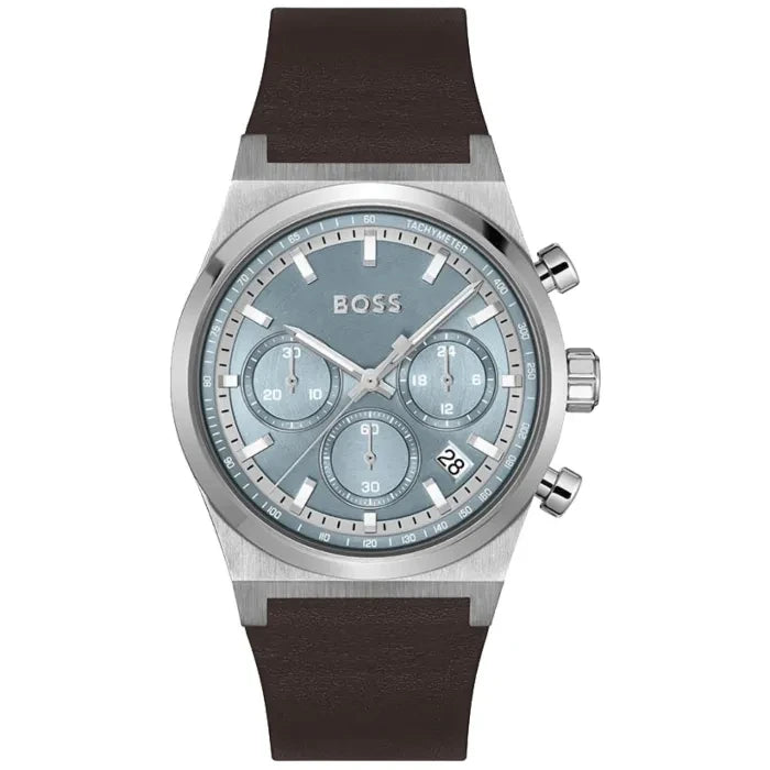 Herren-Chronograph BOSS mit Quarzwerk, rundem Edelstahlgehäuse, blauem Zifferblatt und braunem Lederband