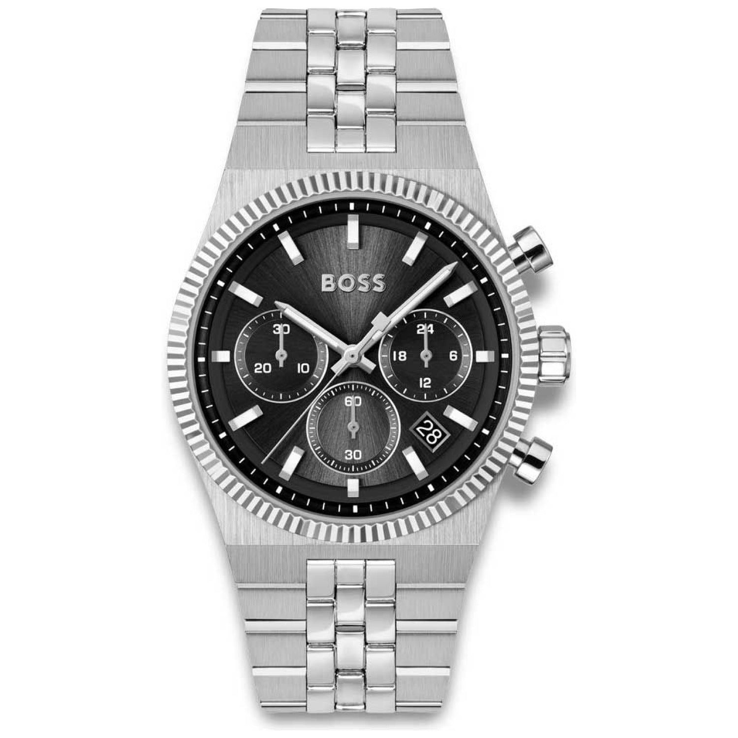 Chronograph-Uhr für Herren mit schwarzem Zifferblatt und Edelstahlarmband