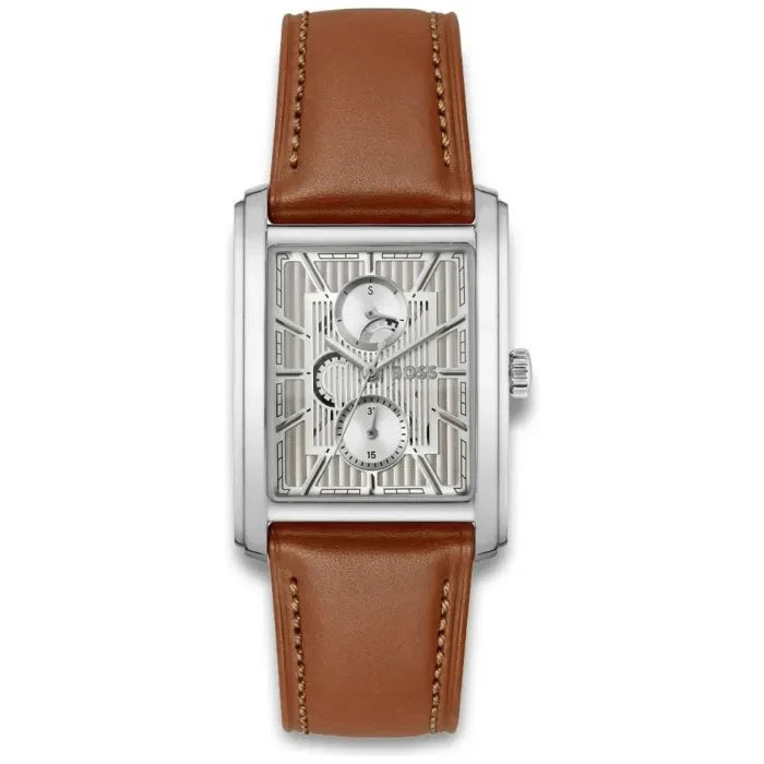 BOSS Principle Herrenarmbanduhr, rechteckiges Edelstahlgehäuse, braunes Lederband
