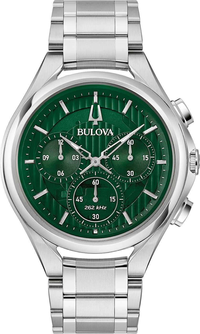 Bulova Curv herrklocka med silverfärgat armband i rostfritt stål, grön urtavla och kronografmätare