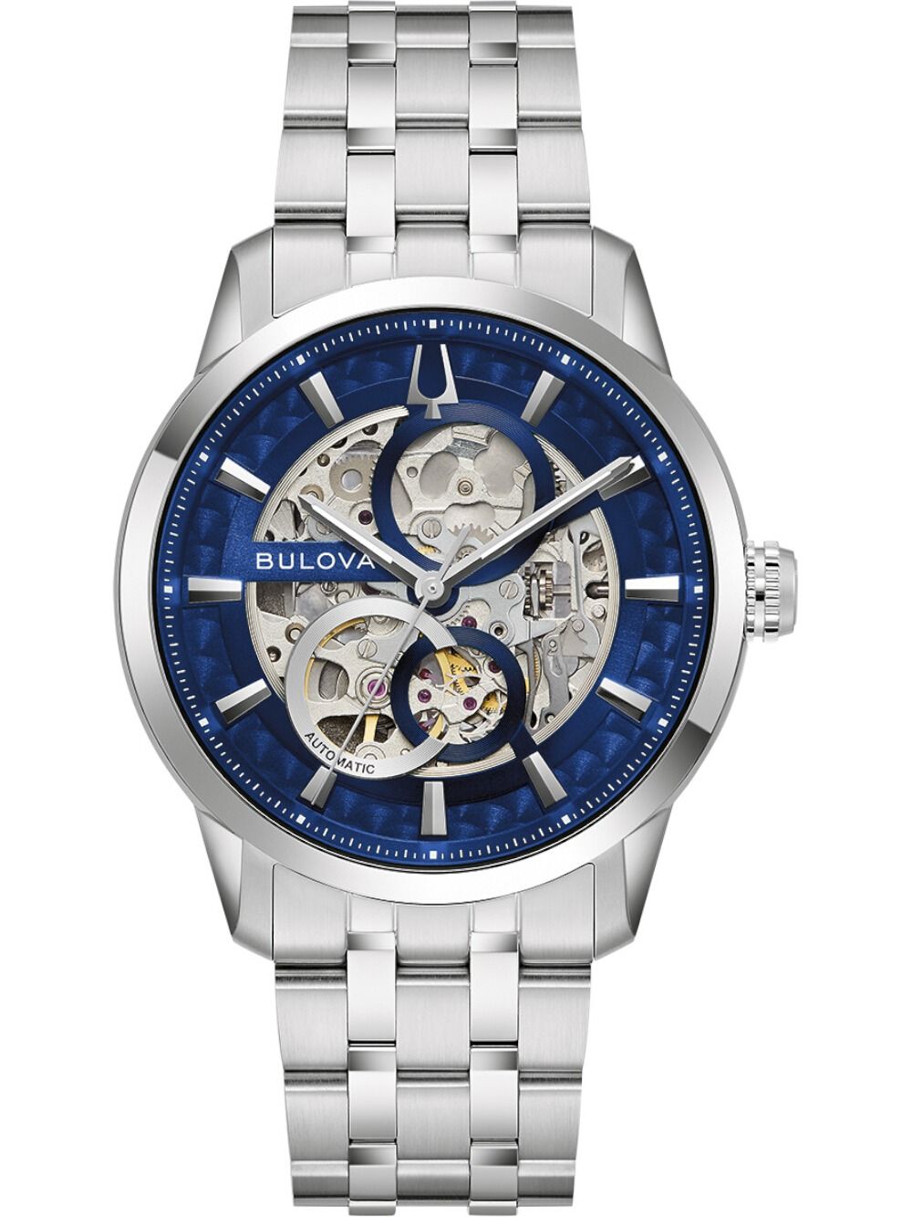 Herren-Automatikuhr von Bulova mit blauem Skelettzifferblatt und Edelstahlarmband