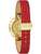 Bulova Damenarmbanduhr Rückseite: rotes Lederband, goldfarbenes Gehäuse, Krone sichtbar