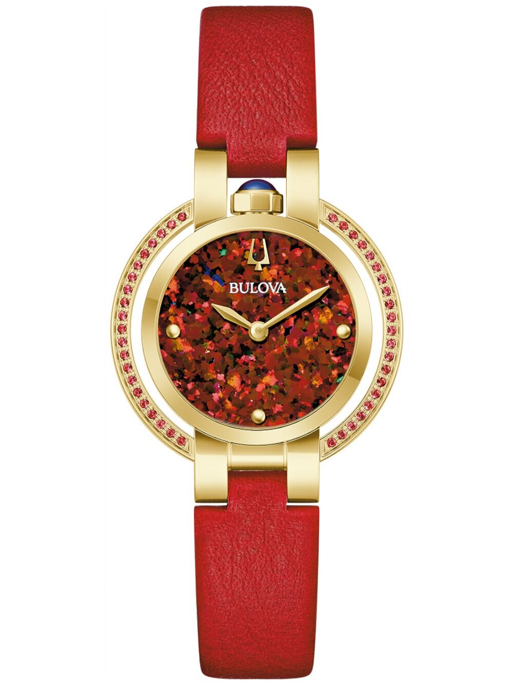 Damenarmbanduhr von Bulova mit rotem Lederband, goldfarbenem Gehäuse und rotem Ziffernblatt