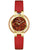 Damenarmbanduhr von Bulova mit rotem Lederband, goldfarbenem Gehäuse und rotem Ziffernblatt