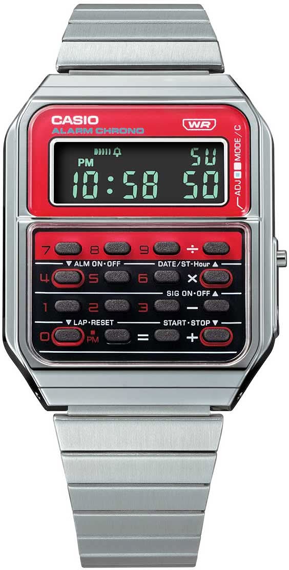 Analog digitalklocka med silverarmband och röd display, integrerat tangentbord för miniräknare