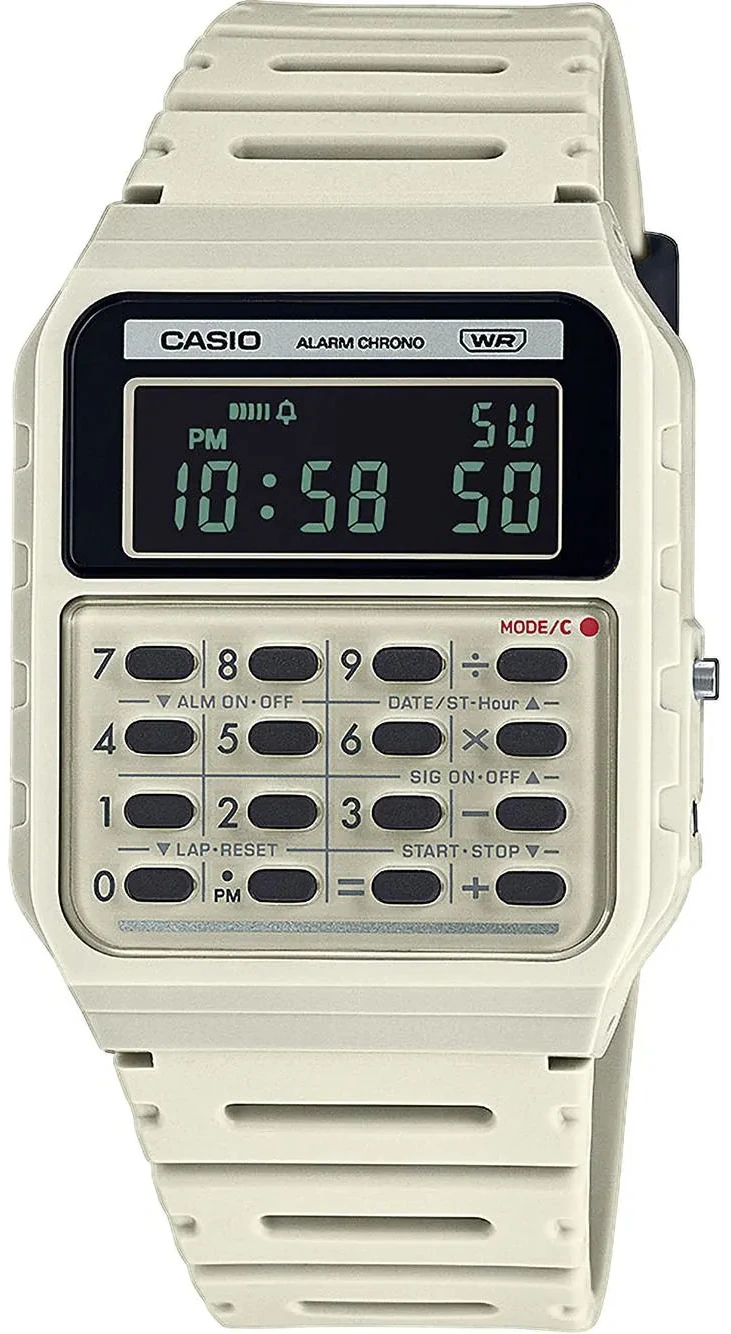 Casio Vintage digital klocka med beige plastarmband och LCD-display, knappar