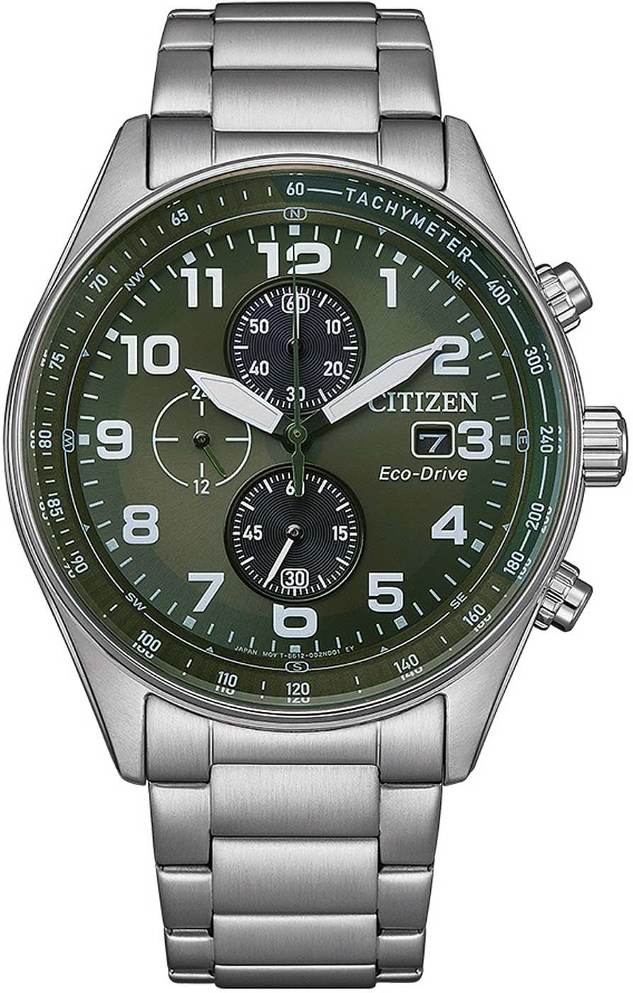 Citizen Eco-Drive Chronograph: Herrklocka med grön urtavla och armband i rostfritt stål.