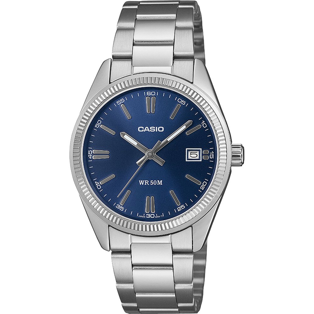 Casio Armbanduhr mit blauem Zifferblatt, Datumsanzeige, silbernem Metallband, WR 50 m