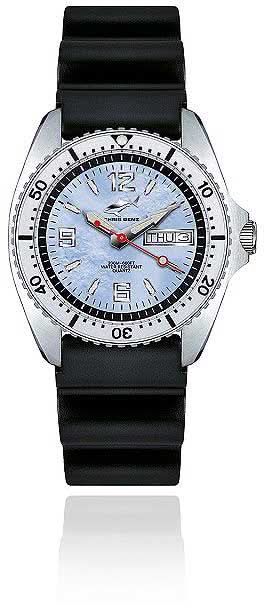 Dykarklocka med blå urtavla, datumvisning och svart armband