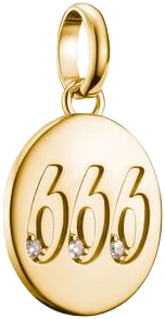 Förgyllt berlockhänge med runt 666-motiv och små stenar