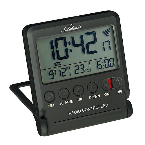 Digital radiostyrd väckarklocka med temperaturvisning, svart hölje och stor LED-display