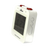 Vit funk-väckarklocka, snett perspektiv, med LCD-display och kontrollknappar