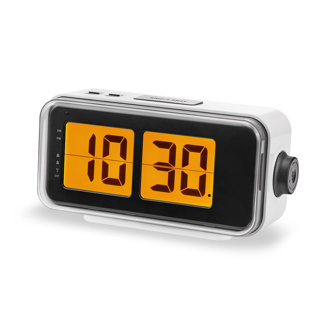 Digital radiostyrd väckarklocka i vitt med orange display och sidomonterad vridknapp