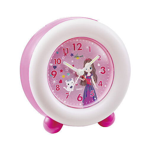 Barnväckarklocka med lysande ring, rosa hölje och analog urtavla med figurmotiv