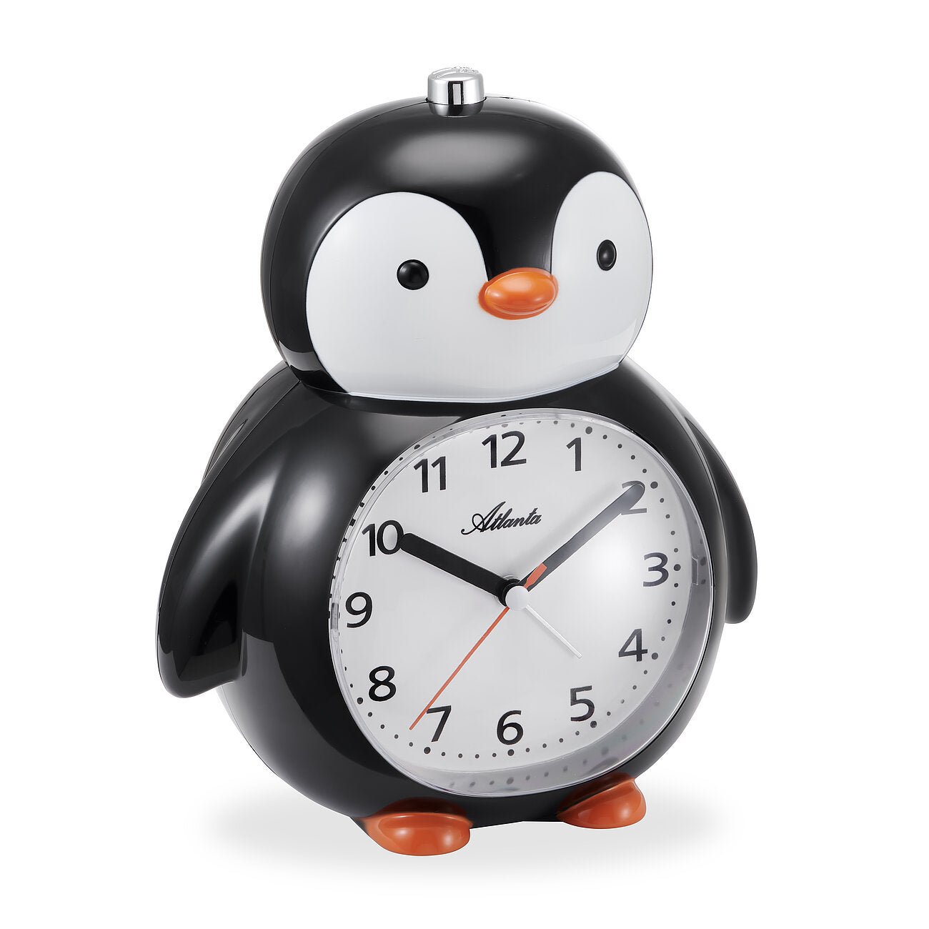 Pinguinväckarklocka med analog urtavla, svartvit boett och röda visare