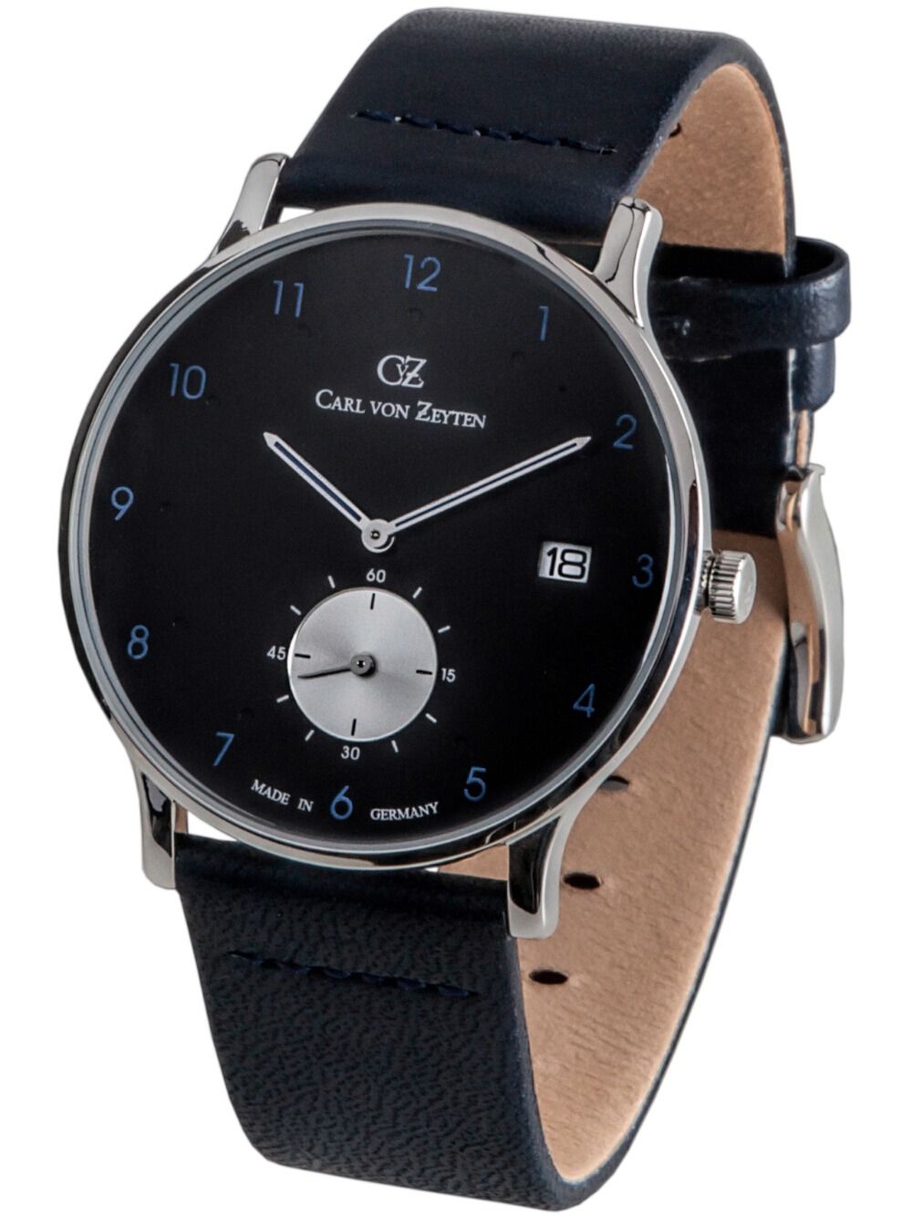 Herrenarmbanduhr mit schwarzem Zifferblatt und blauem Lederarmband, Datumsanzeige