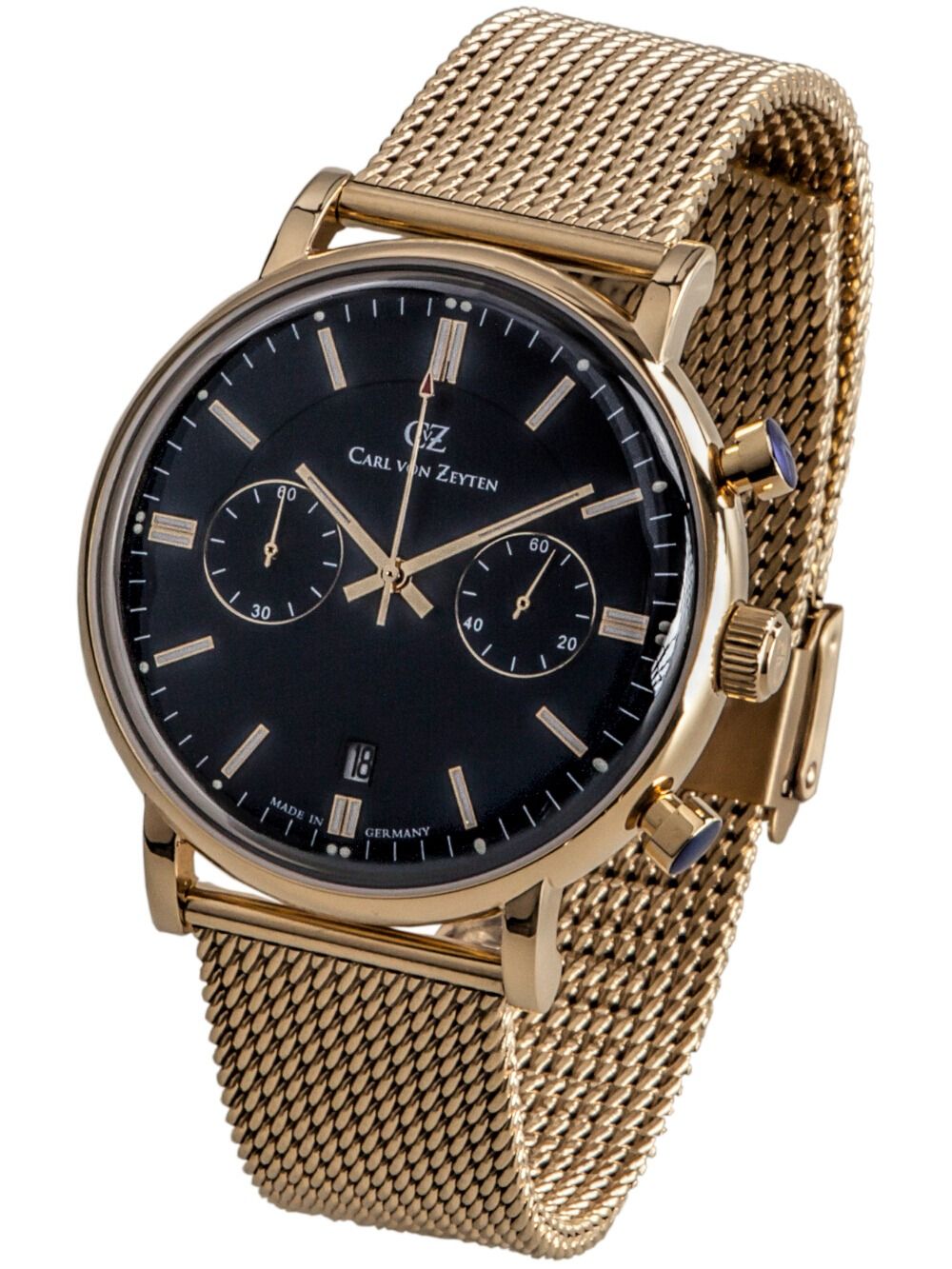 Herren-Chronographenuhr mit schwarzem Zifferblatt, Datumsanzeige und Mesh-Armband in Gold