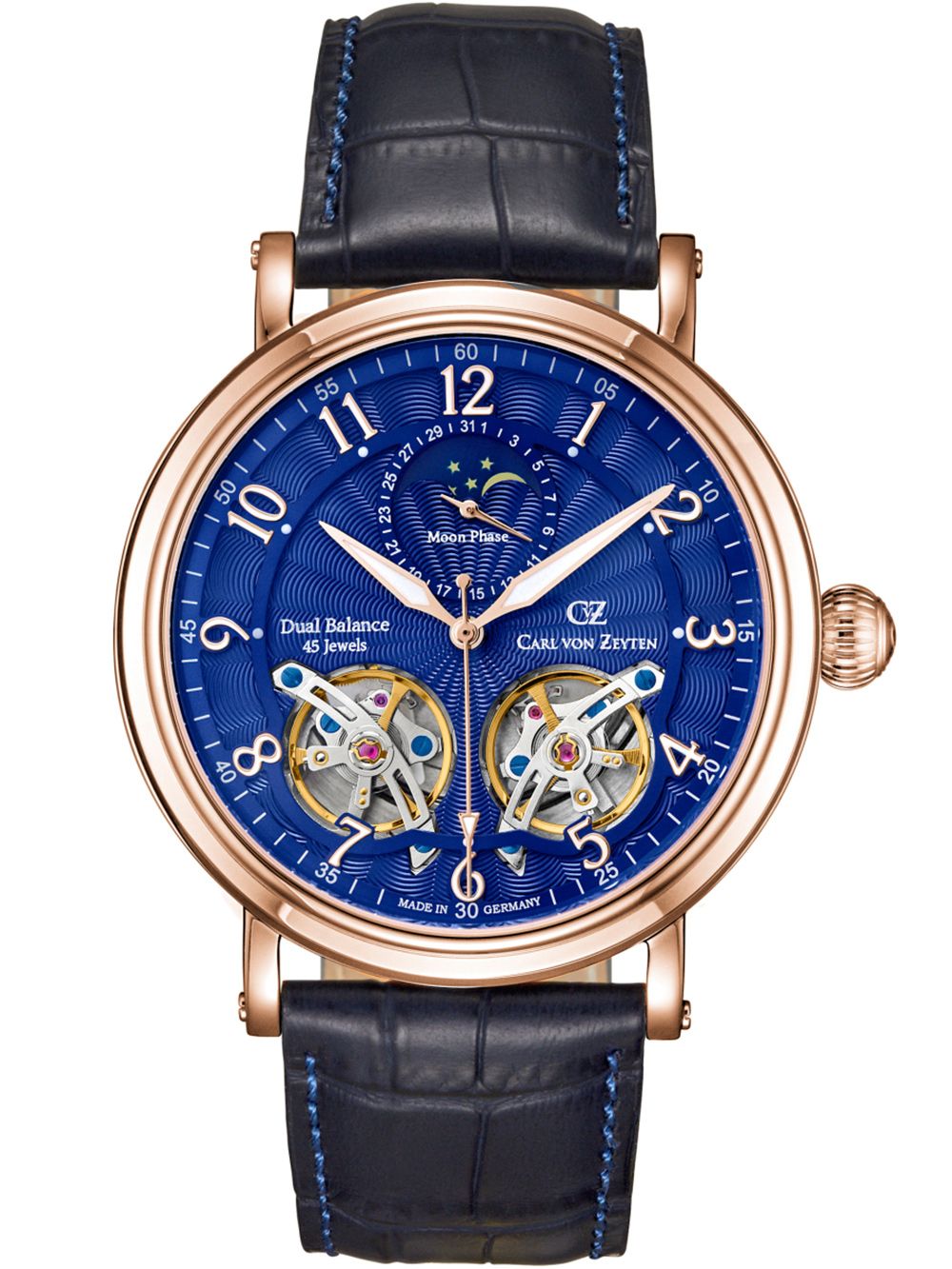 Herrenuhr mit marineblauem Zifferblatt, Roségoldgehäuse, Lederarmband mit blauer Steppung