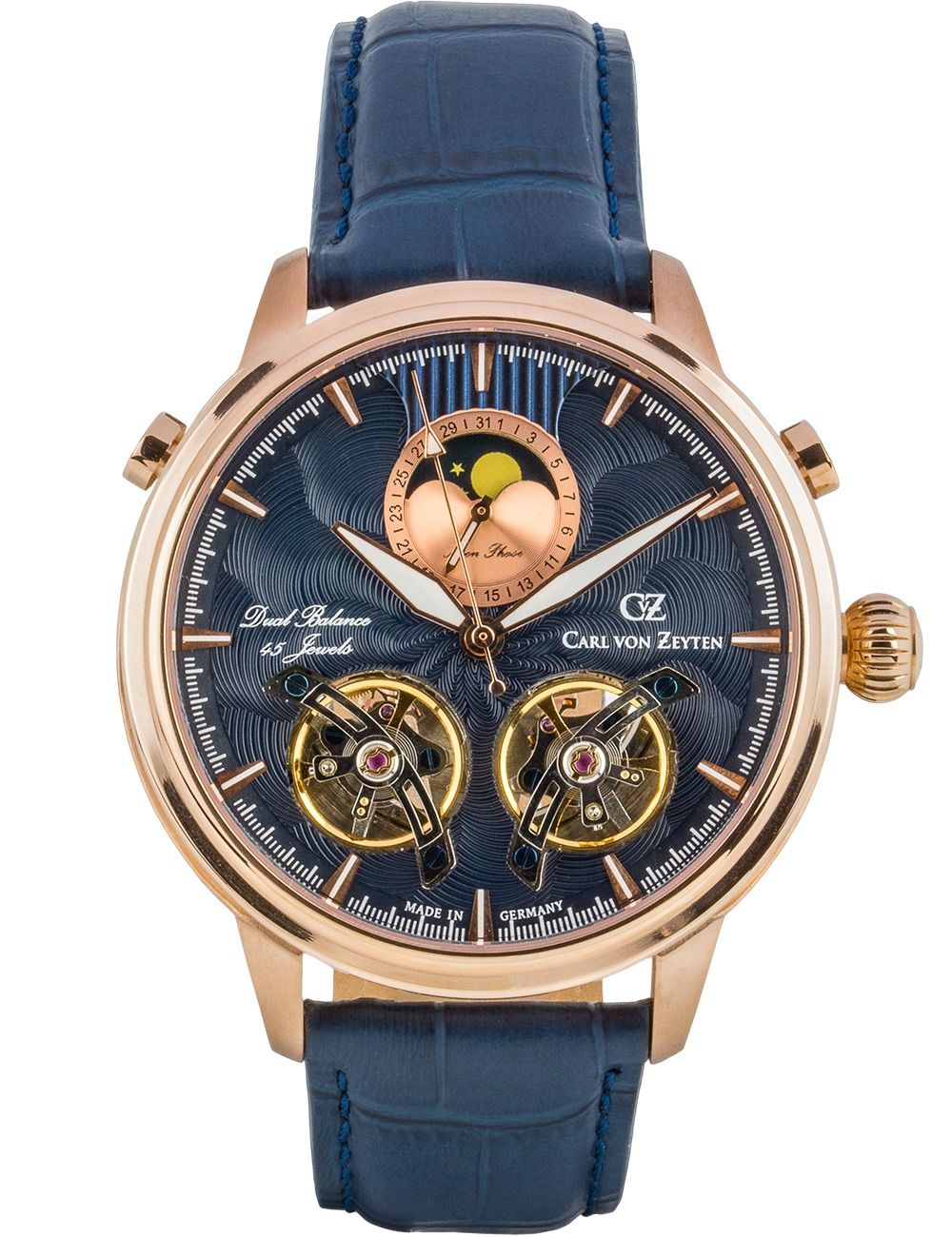 Carl von Zeyten Herrenuhr Roségold mit blauem Lederband, Open-Heart-Detail und Mondphase