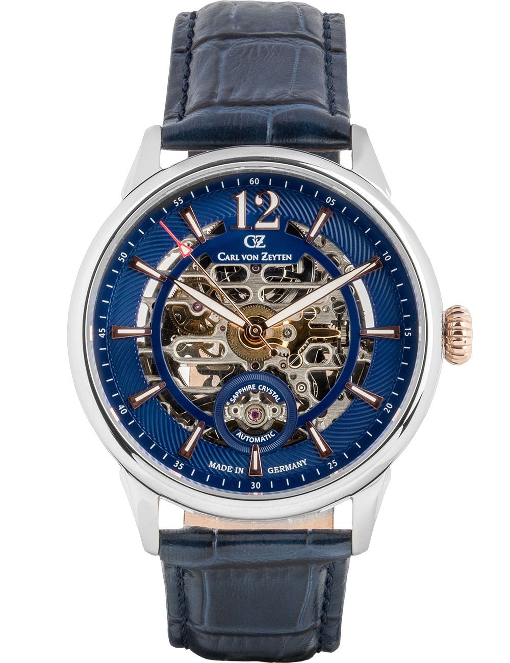 Silberne Herrenuhr von Carl von Zeyten mit blauem Skelettzifferblatt und Lederband