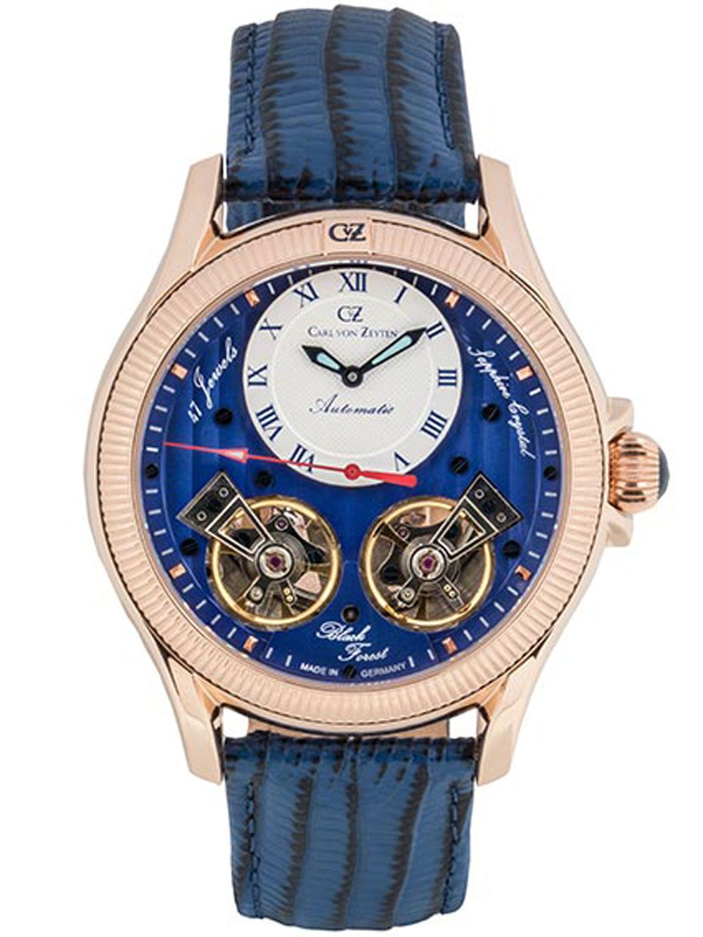 Roségoldene Herrenuhr mit blauem Skelett-Zifferblatt und Lederband