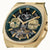 Goldfarbene Herrenuhr mit blauem Zifferblatt, Dual-Time-Aufdruck und offenem Werk
