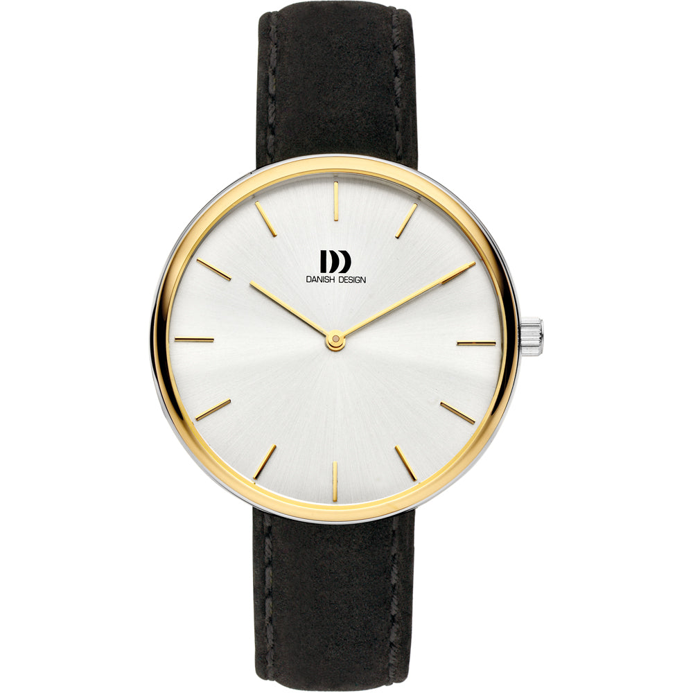 Herrenuhr mit schwarzem Lederarmband, goldfarbigem Bicolor-Gehäuse und weißem Zifferblatt