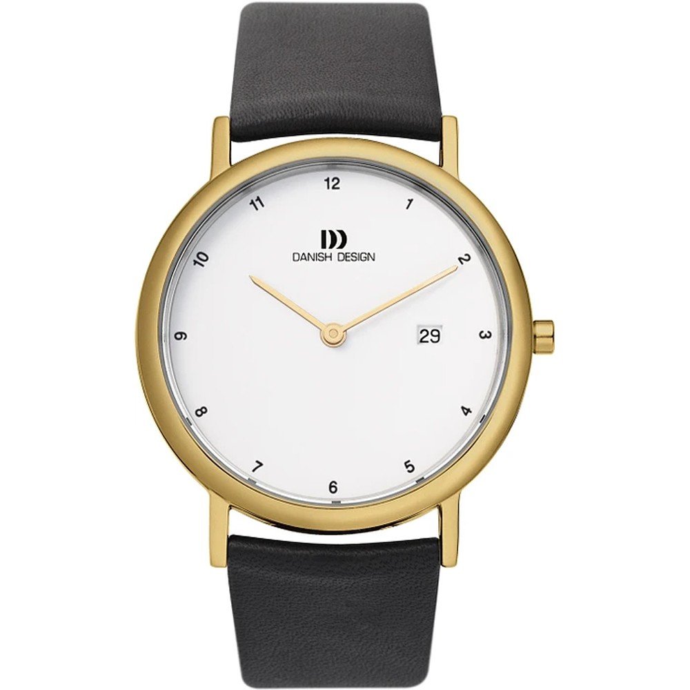 Herrenarmbanduhr von Danish Design mit goldfarbenem Titan-Gehäuse, weißem Zifferblatt, Lederband und Datum