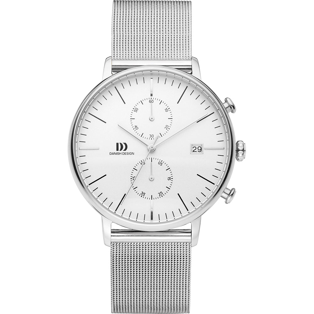 Herren-Chronograph mit Milanaise-Armband, silberfarbenes Gehäuse, weißes Zifferblatt, Datum
