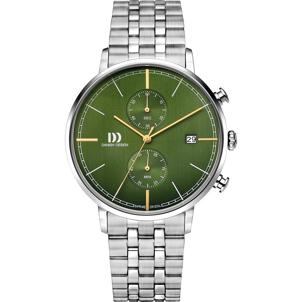 Herrenuhr Danish Design mit grünem Zifferblatt, Chronograph und Datumsanzeige, Edelstahl-Meshband