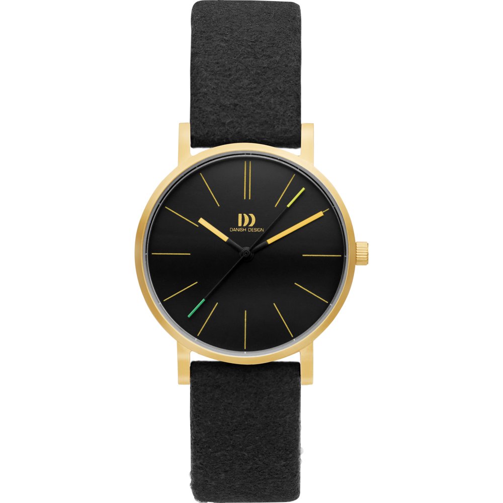 Damenarmbanduhr mit schwarzem Lederarmband und schwarzem Zifferblatt, goldfarbener Lünette
