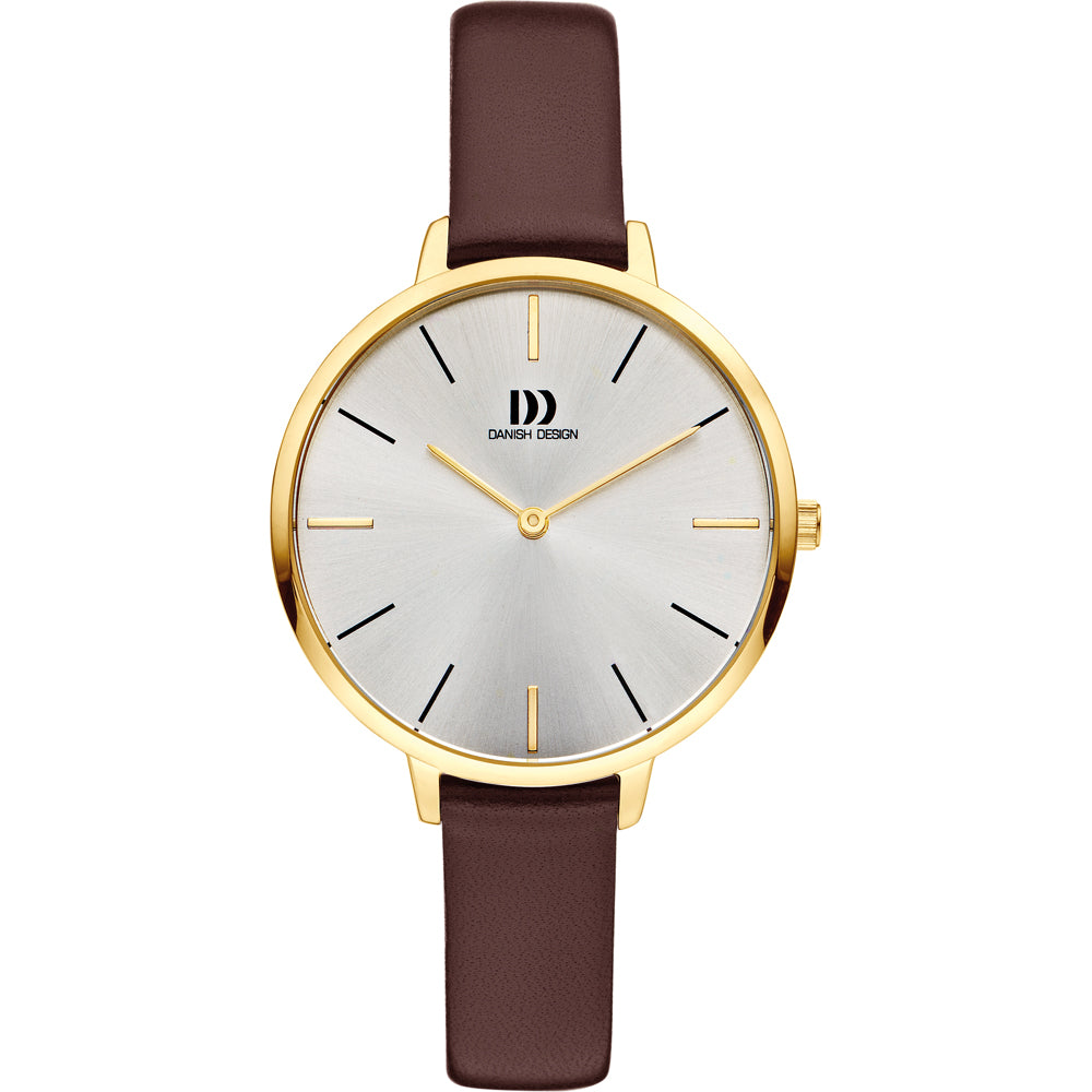 Damenuhr mit braunem Lederarmband, rundem goldfarbenem Gehäuse und weißem Zifferblatt