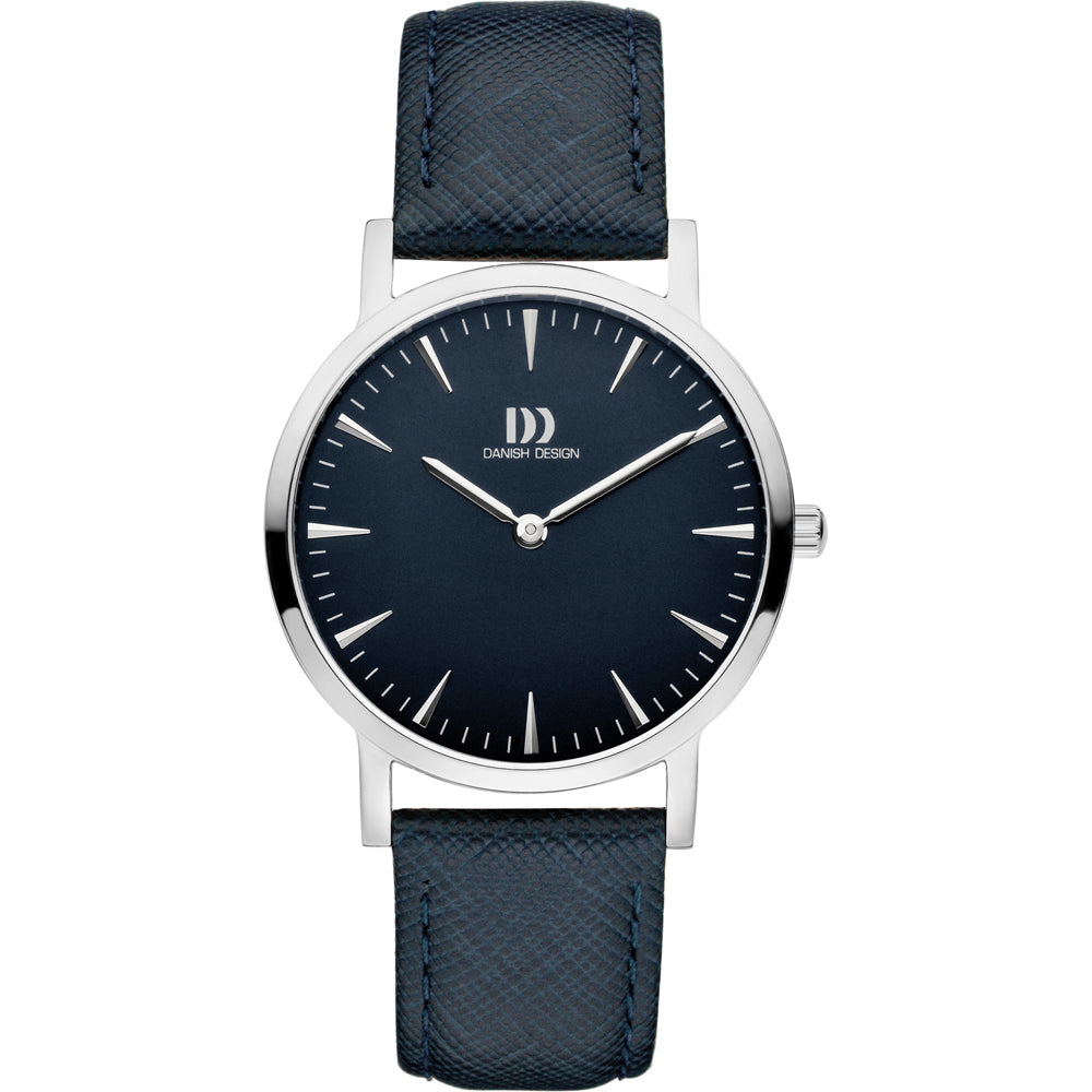 Danish Design Damenarmanduhr mit blauem Lederband und rundem dunkelblauem Zifferblatt, Quarz.