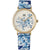 Damenarmbanduhr mit rundem Creme-Zifferblatt und blauem Blütenmuster, Fassung, blauer Riemen