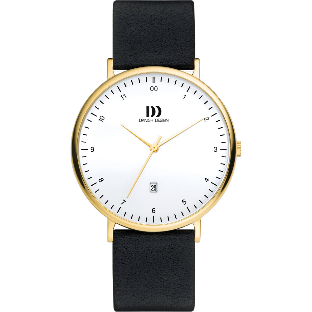 Herrenarmbanduhr mit schwarzem Lederband, goldener Lünette und weißem Zifferblatt mit Datum