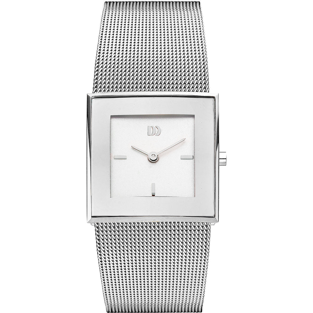 Damen-Armbanduhr mit eckigem Edelstahlgehäuse und silbernem Milanaiseband, weißem Zifferblatt