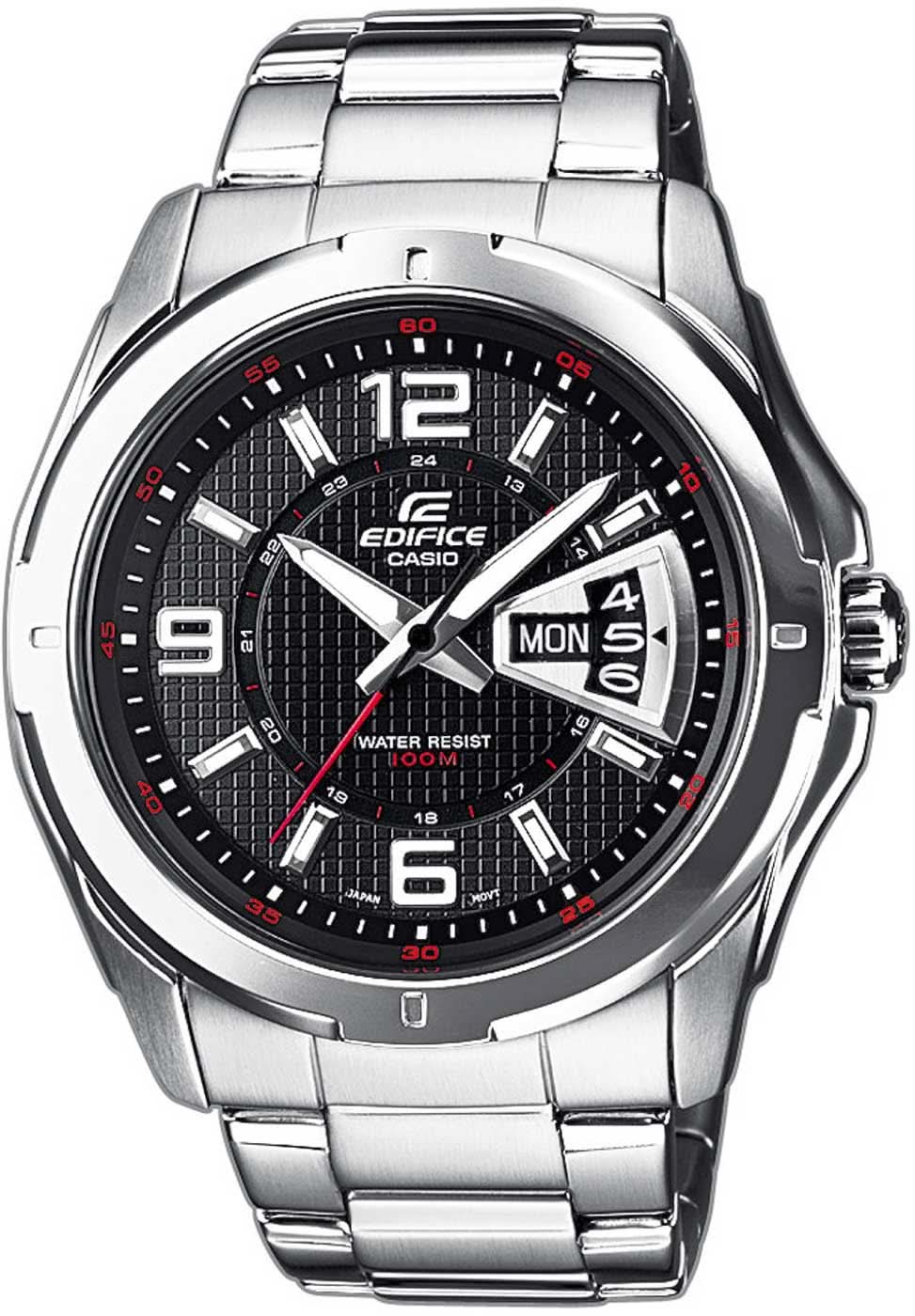 Casio Edifice herrarmbandsur: silverfärgat metallarmband, svart urtavla, datumvisning