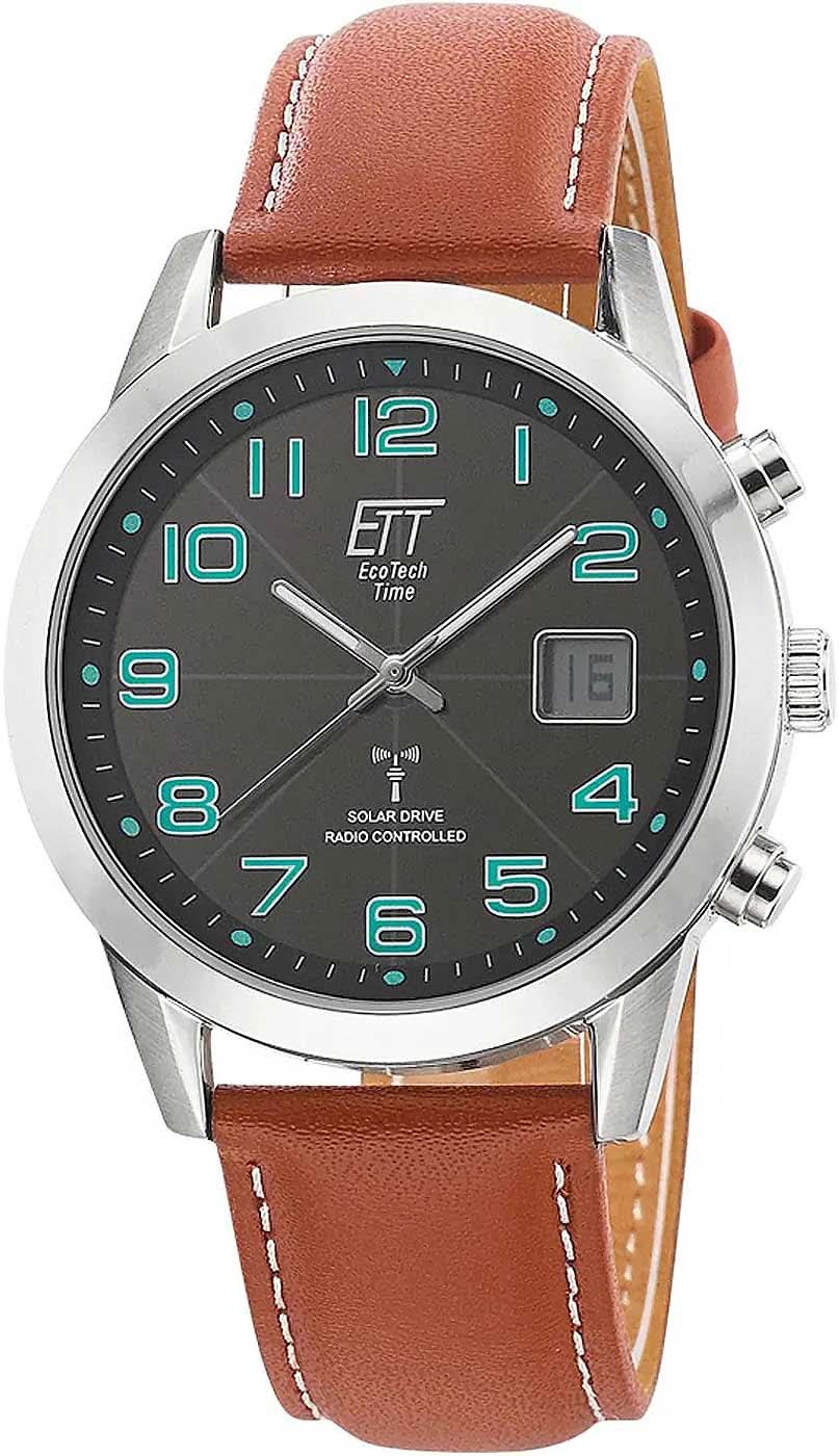 Herrarmbandsur: brunt läderband, silverfärgat boett, mörk urtavla