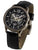 Herrenuhr mit schwarzem Lederarmband, roségoldener Lünette und Skelett-Zifferblatt