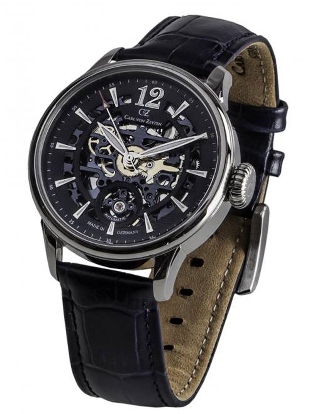 Herrenuhr mit Skelett-Automatikwerk, schwarzem Lederband und blauem Zifferblatt