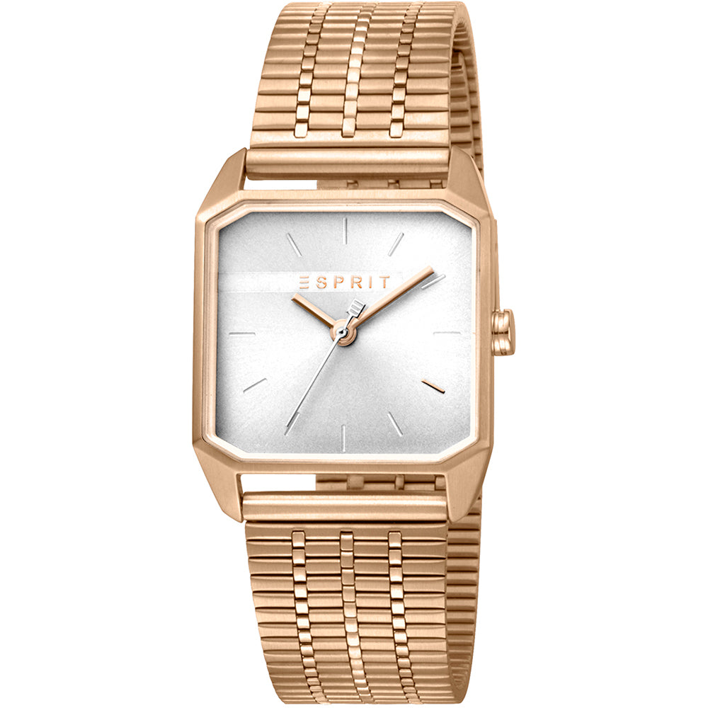 Esprit Cube Armbanduhr, roségoldfarbenes Edelstahlgehäuse mit Metallarmband und weißem Zifferblatt